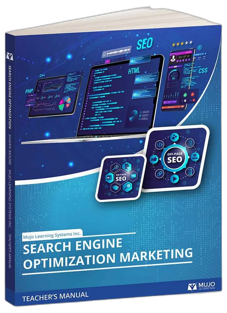 Search Engine Optimization (SEO) Marketing textbook cover — Mujo higher education SEO curriculum.